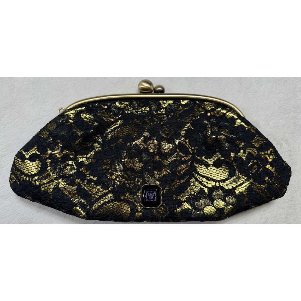 Anna Sui Lace VTG Overlay Brocade Kiss Lock Clutch Gold Black Whimsigoth Regal